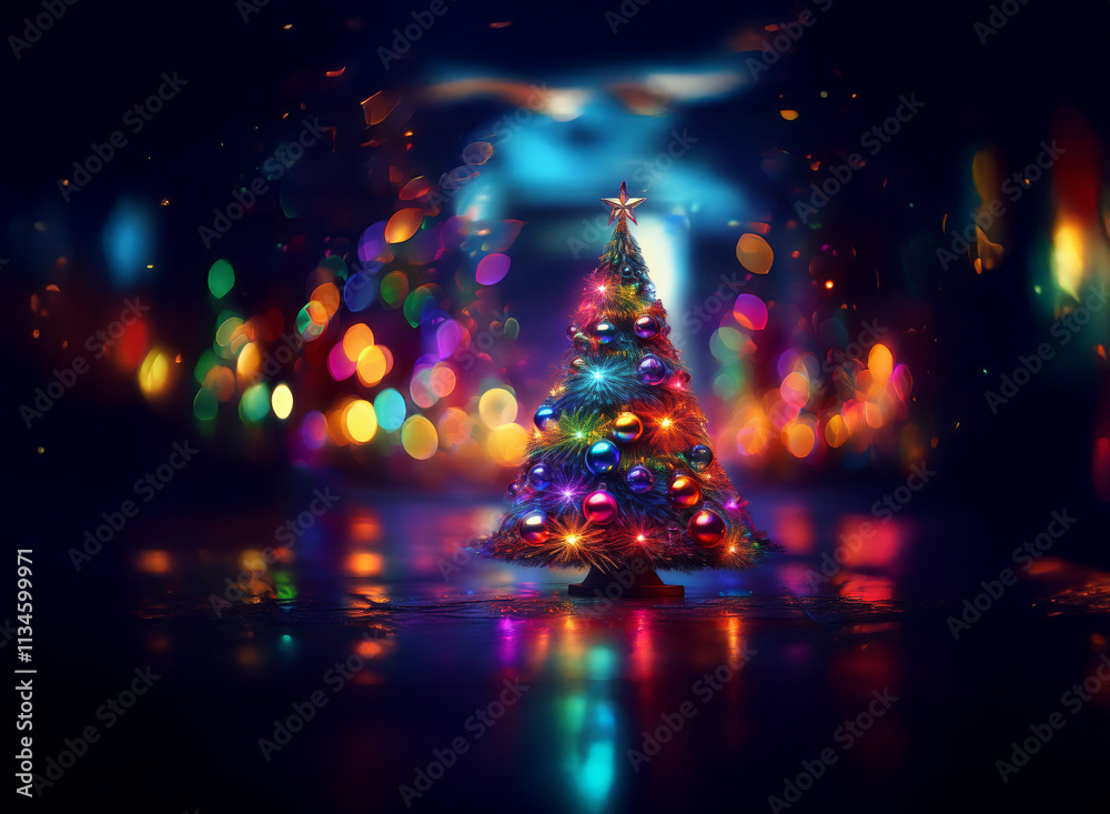 Poster a vibrant christmas tree, adorned with colorful ornaments, glows brightly against a bokeh backdrop o