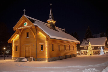 Rustic wooden building with snow and lights at night