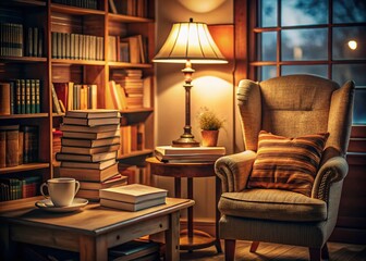A Cozy Study Nook with a Pile of Study Books Bathed in Soft Low Light, Enhancing the Atmosphere for Evening Reading and Learning Experience