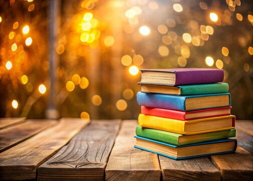 A Cozy Stack of Colorful Books on a Wooden Table with a Soft Blurred Background, Perfect for Book Lovers and Reading Enthusiasts Featuring Ample Copy Space for Text Overlay - Powered by Adobe