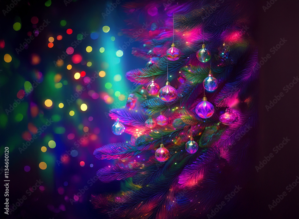 Poster a vibrant, colorfully lit christmas tree glows against a bokeh background. ornaments shimmer with ir