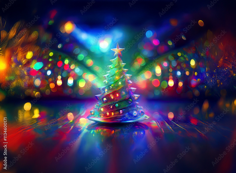 Poster a vibrant, stylized christmas tree sits on a reflective surface, surrounded by colorful bokeh lights