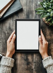 Hands holding tablet with blank screen on wooden desk.