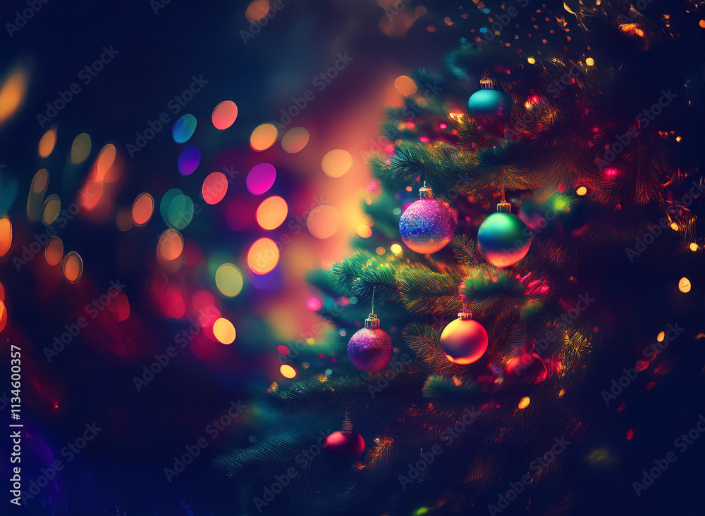 Poster a vibrant christmas tree adorned with colorful ornaments glows against a backdrop of twinkling light