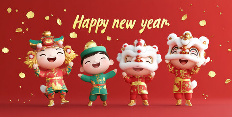 Fototapeta premium Happy New Year celebration with cheerful animated characters in festive attire, surrounded by gold confetti and decorations, symbolizing joy and prosperity