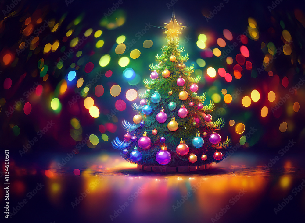 Poster A vibrant Christmas tree adorned with colorful ornaments glows brightly against a bokeh backdrop of twinkling lights, reflecting on a shiny surface.  A star tops the tree.