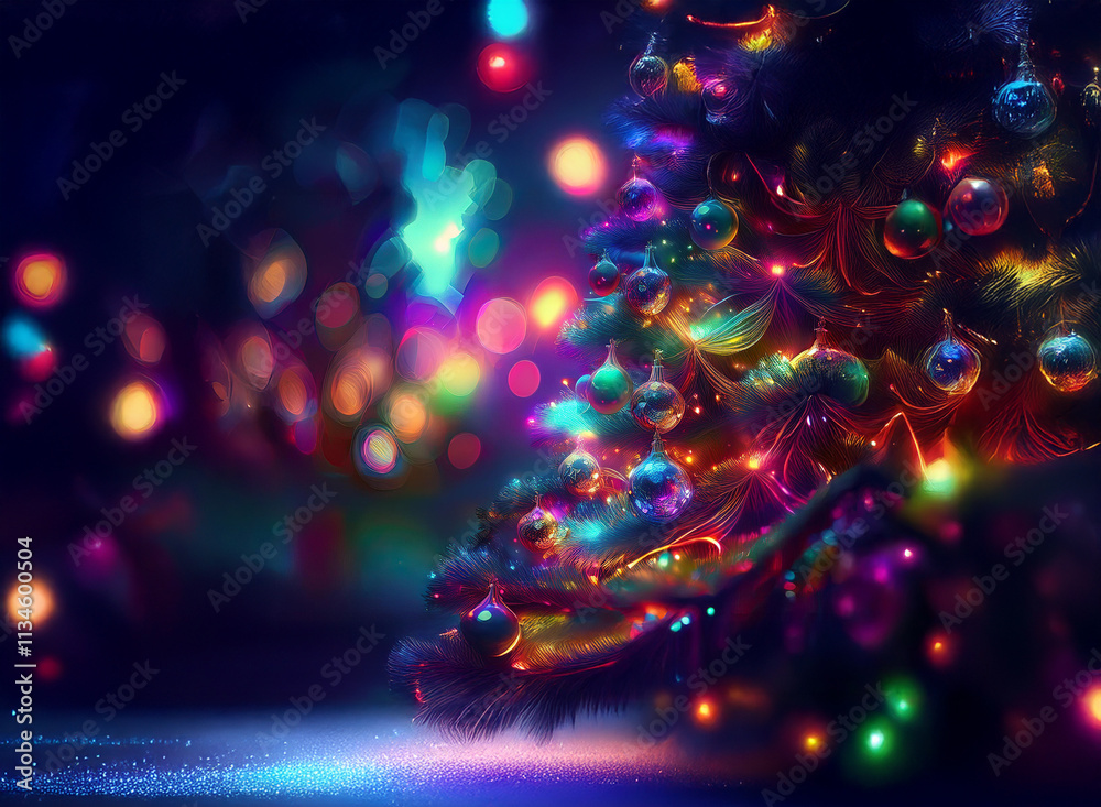 Poster A vibrant, digitally-painted Christmas tree glows with multicolored lights and ornaments.  Sparkling bokeh and a glittering base add to the festive magic.