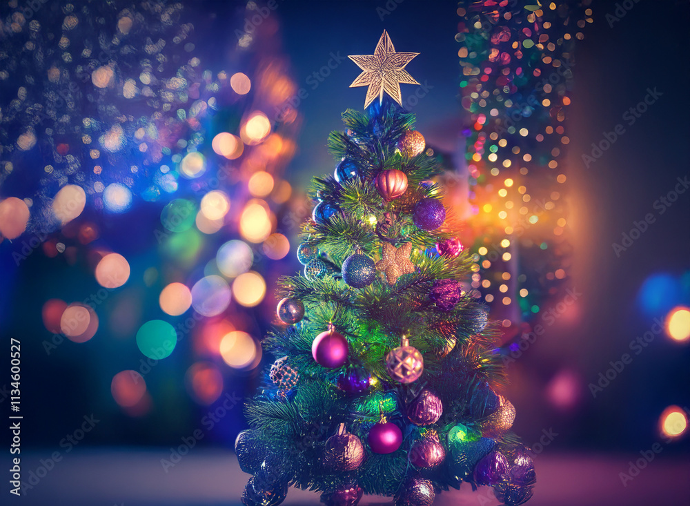 Poster a decorated christmas tree stands in front of a colorful, blurred bokeh background, signifying the h