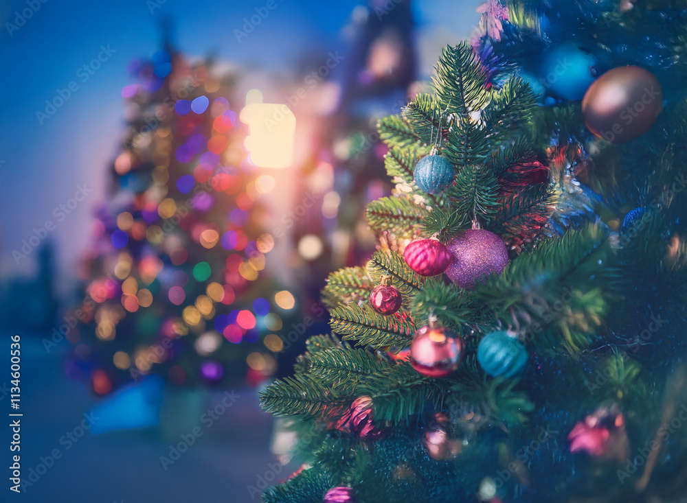 Poster close-up of a decorated christmas tree at dusk. colorful ornaments adorn the branches, with blurred 