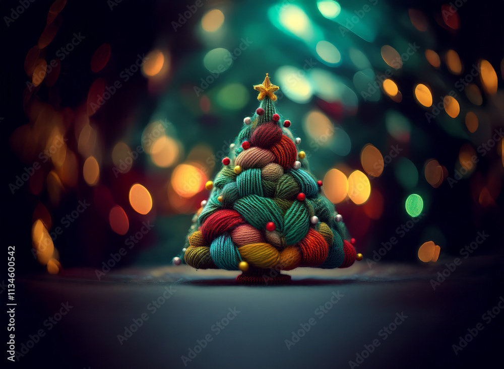 Poster a whimsical christmas tree crafted from colorful yarn stands against a bokeh background of warm and 