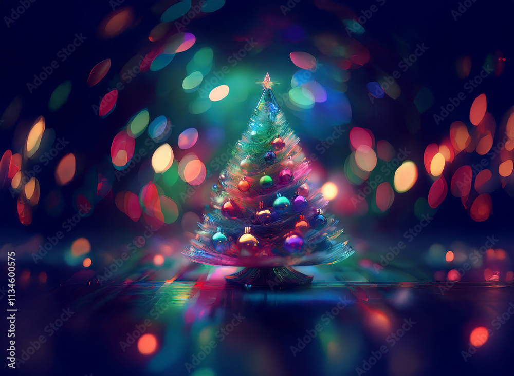 Poster a glowing christmas tree stands adorned with colorful ornaments, surrounded by a bokeh of festive li