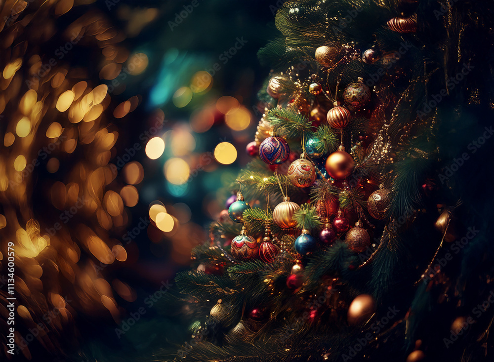 Poster a richly decorated christmas tree glows with colorful ornaments against a bokeh background of warm, 