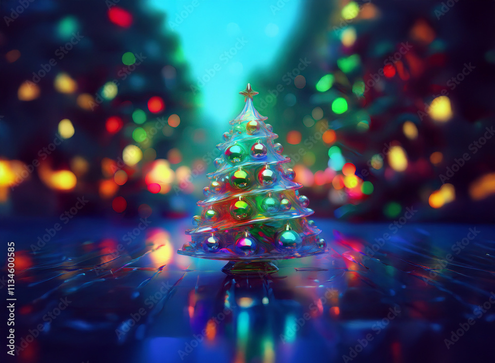 Poster A miniature Christmas tree with colorful ornaments stands on a reflective surface, surrounded by a bokeh of twinkling lights, creating a magical holiday scene.
