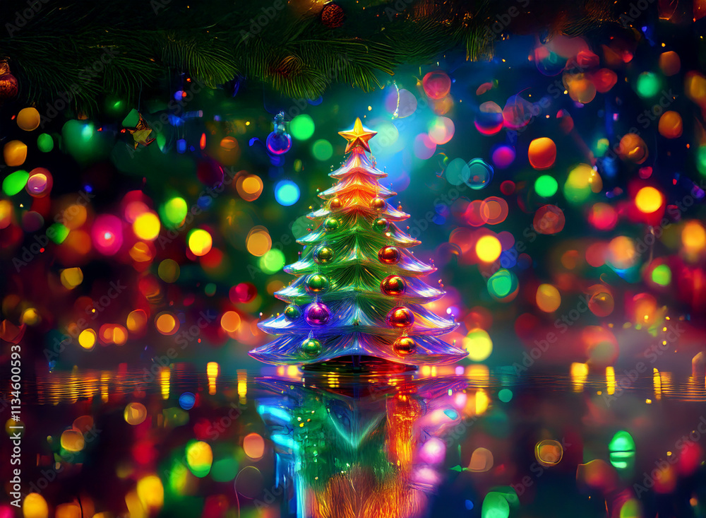 Poster a vibrant, colorful christmas tree stands out against a bokeh background of twinkling lights. the tr