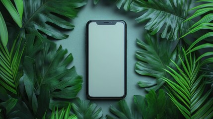 Smartphone with blank screen surrounded by lush green tropical leaves on a teal background.