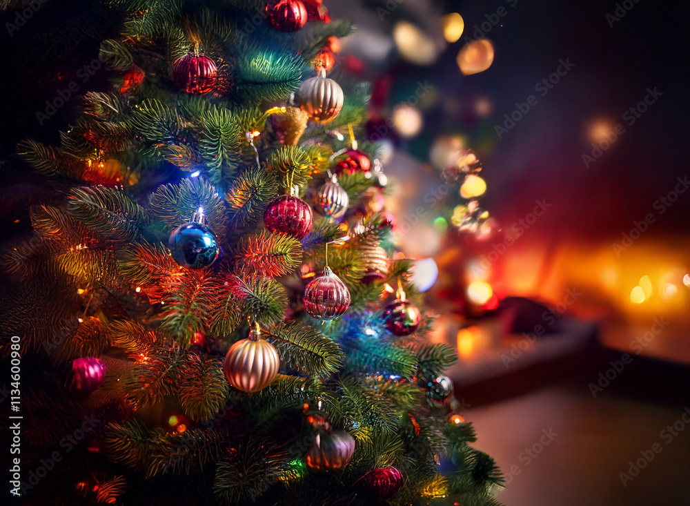 Poster a beautifully decorated christmas tree glows with colorful ornaments and twinkling lights, creating 