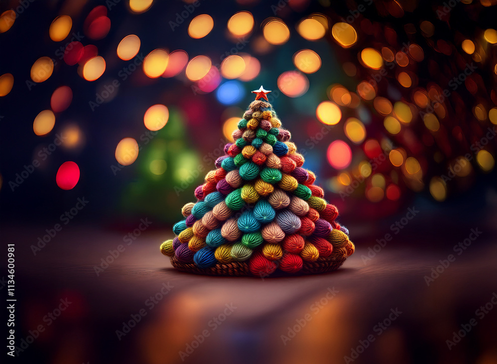 Poster a miniature christmas tree, crafted from colorful, textured spheres, sits on a dark surface. warm bo
