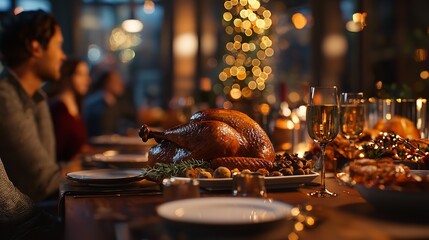 Family Enjoying Thanksgiving Dinner at a Restaurant Setting