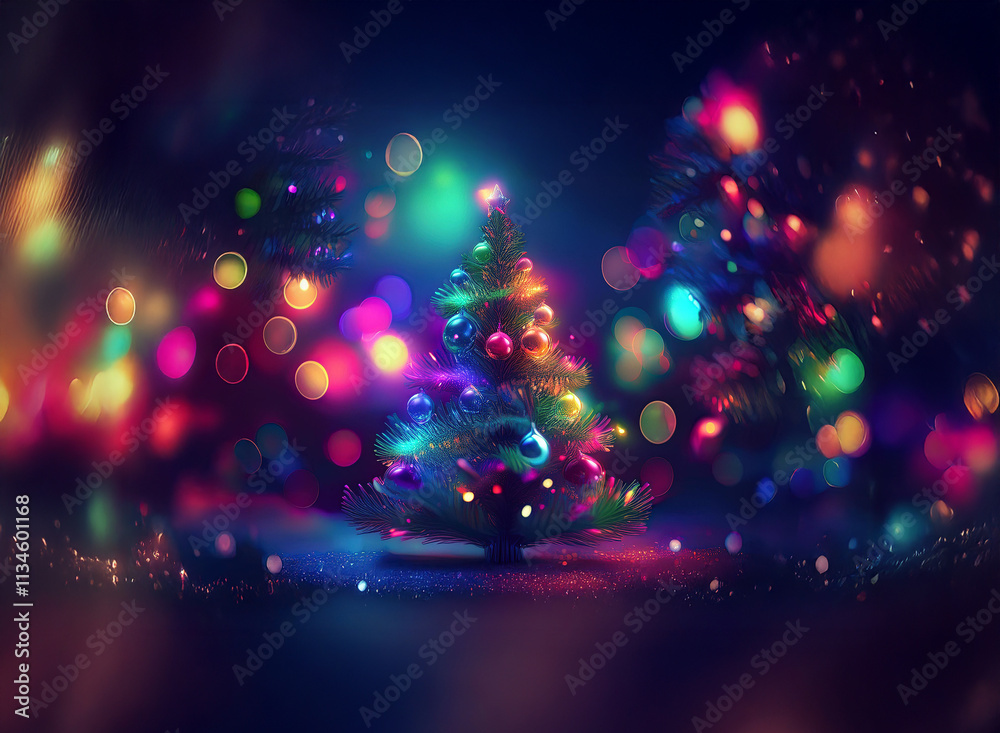 Poster a vibrant, colorful christmas tree glows brightly, surrounded by a bokeh of multicolored lights, cre
