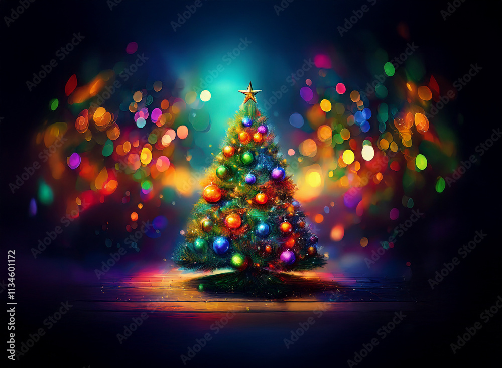 Poster a vibrant christmas tree adorned with colorful ornaments stands against a bokeh backdrop of twinklin