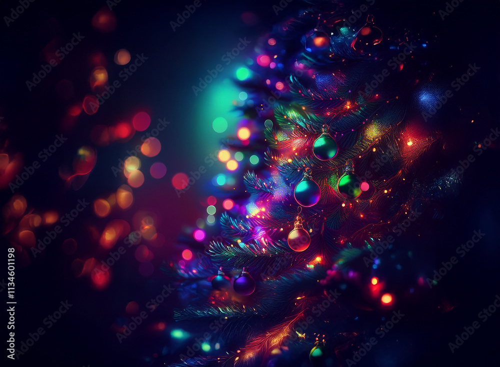 Poster a vibrant christmas tree adorned with colorful lights and ornaments, set against a backdrop of spark