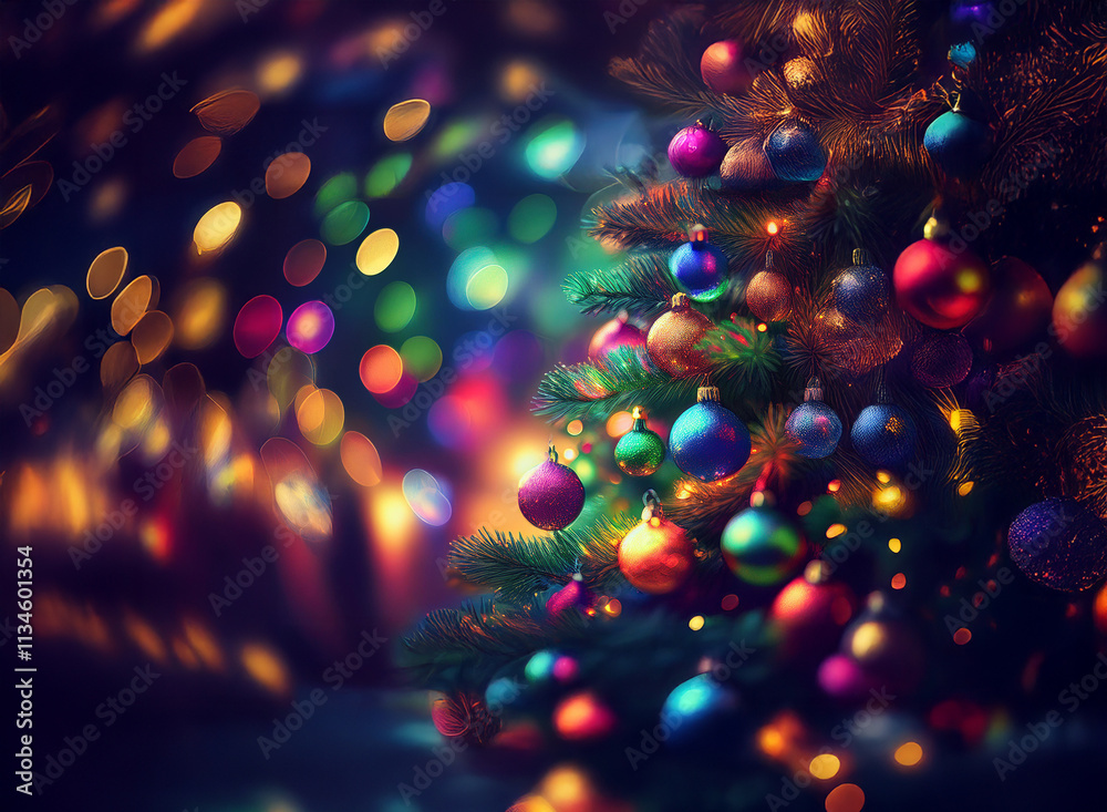 Aufkleber a beautifully decorated christmas tree glows with colorful ornaments and warm lights, creating a fes