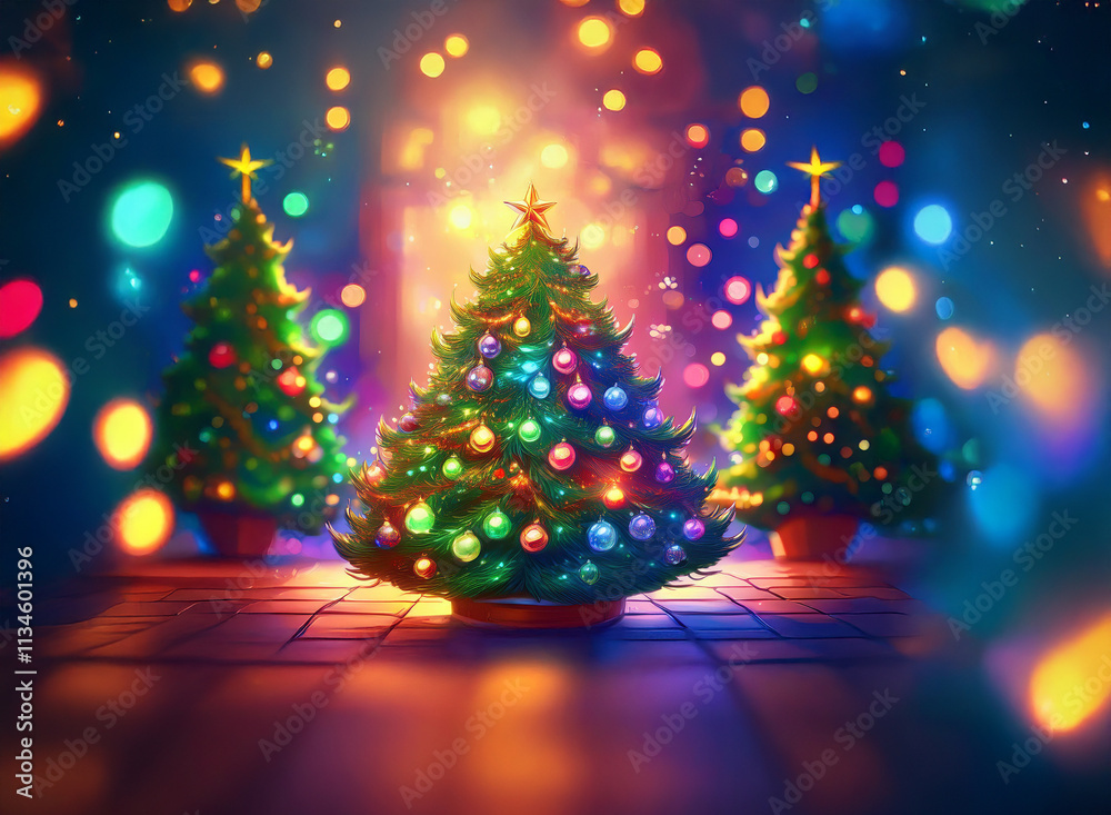 Poster three decorated christmas trees stand illuminated, surrounded by a magical bokeh of colorful lights 
