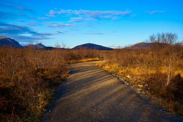 Fototapeta premium Iceland travel destination with sun light on golden color with dry grass along walk way to Burafross waterfall.