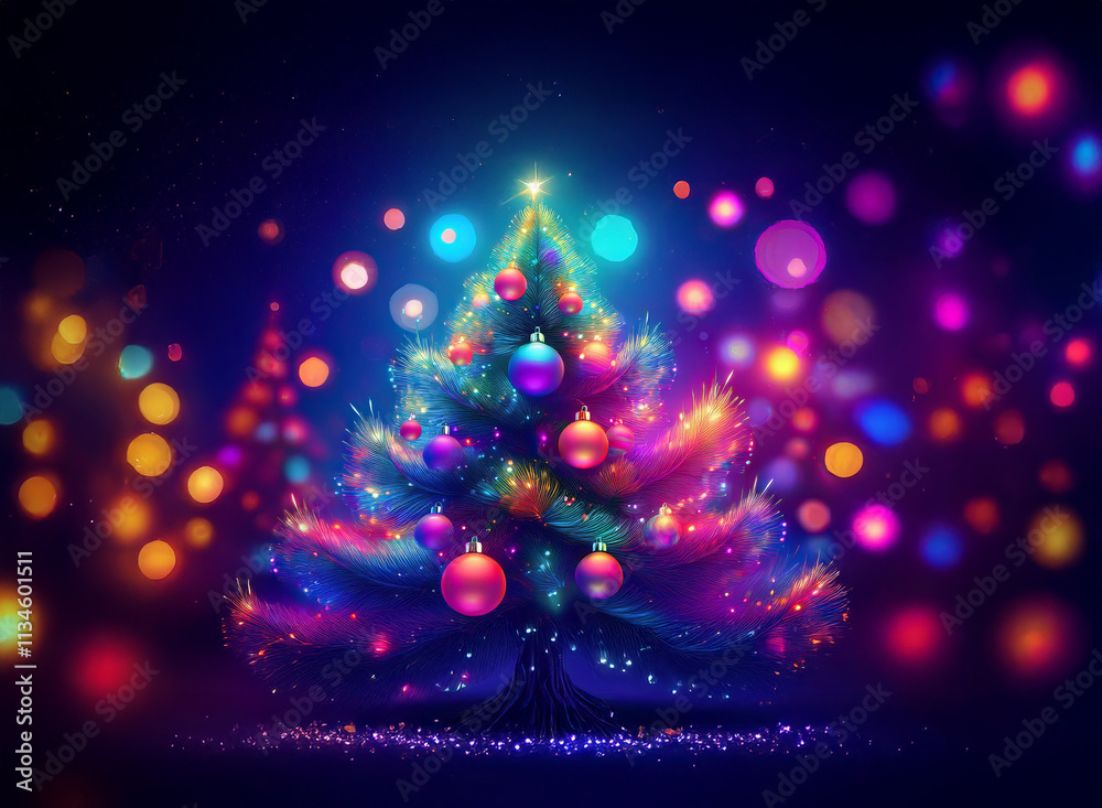 Poster a vibrant, glowing christmas tree stands amidst a flurry of colorful bokeh lights, creating a magica