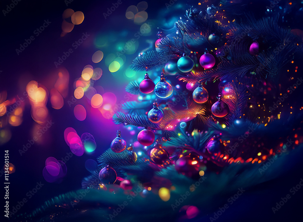 Poster a vibrant, glowing christmas tree adorned with colorful ornaments and twinkling lights against a dar