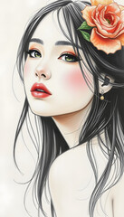 gentle female beauty, crayon drawing, with white tones