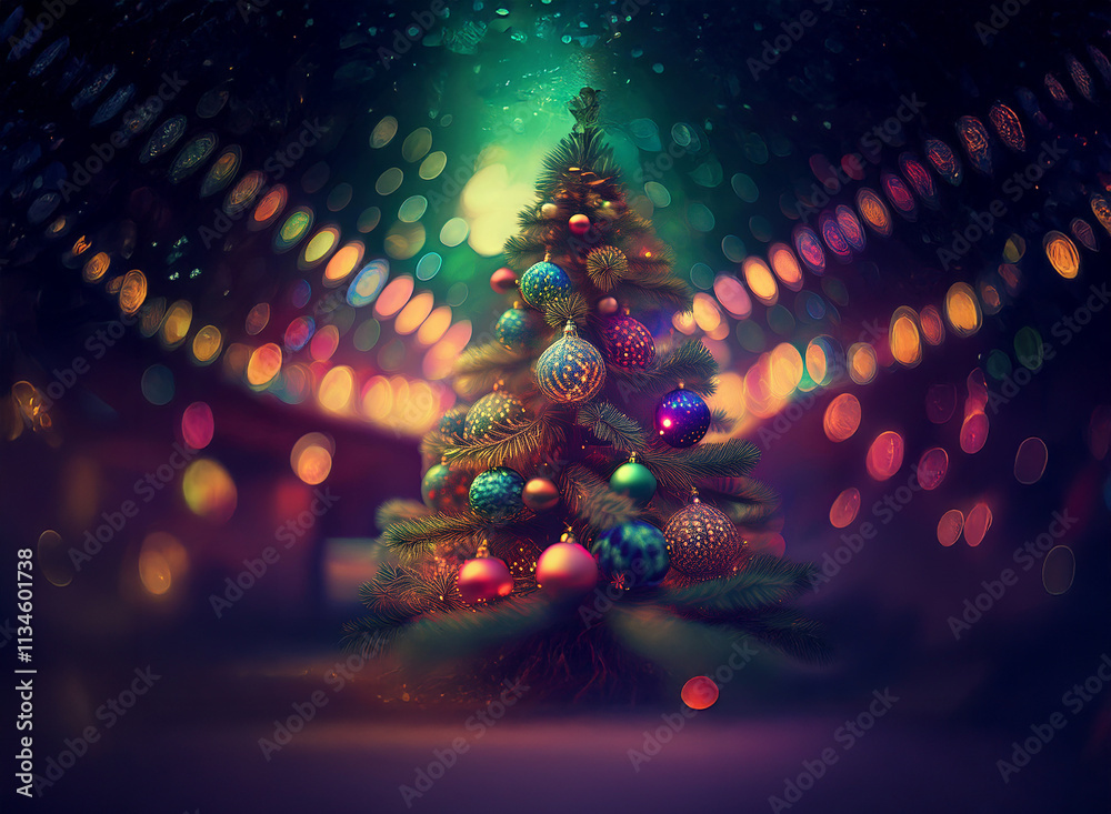 Poster a majestic christmas tree adorned with colorful ornaments stands under a vibrant, bokeh-filled archw