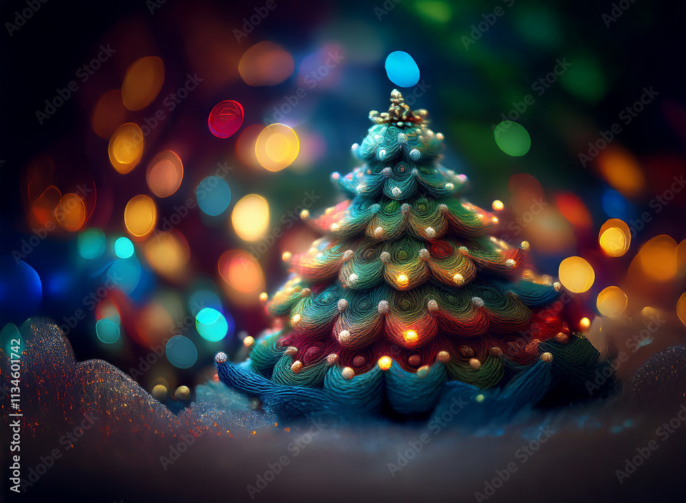 Poster a whimsical, miniature christmas tree adorned with pearls and warm lights sits on a snowy base, bath