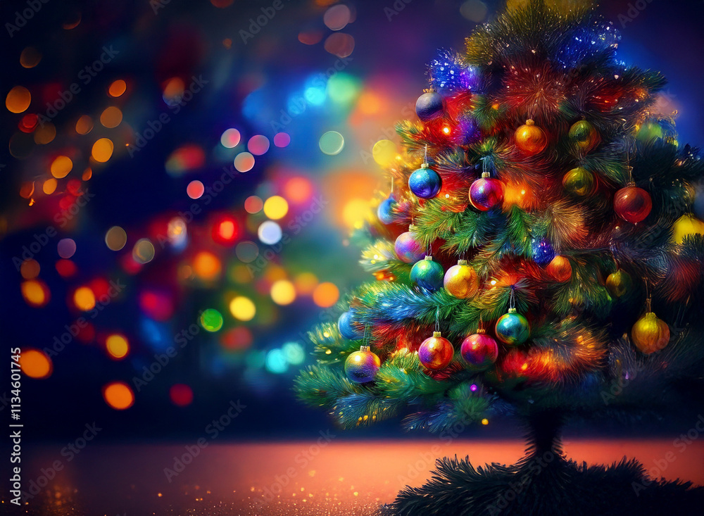 Poster a vibrantly decorated christmas tree gleams with colorful ornaments and twinkling lights against a b