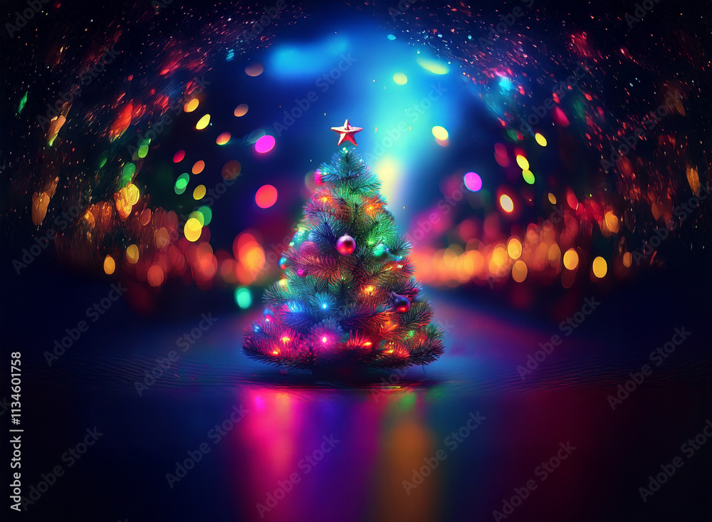 Poster a vibrant christmas tree, adorned with colorful lights and ornaments, stands illuminated against a b