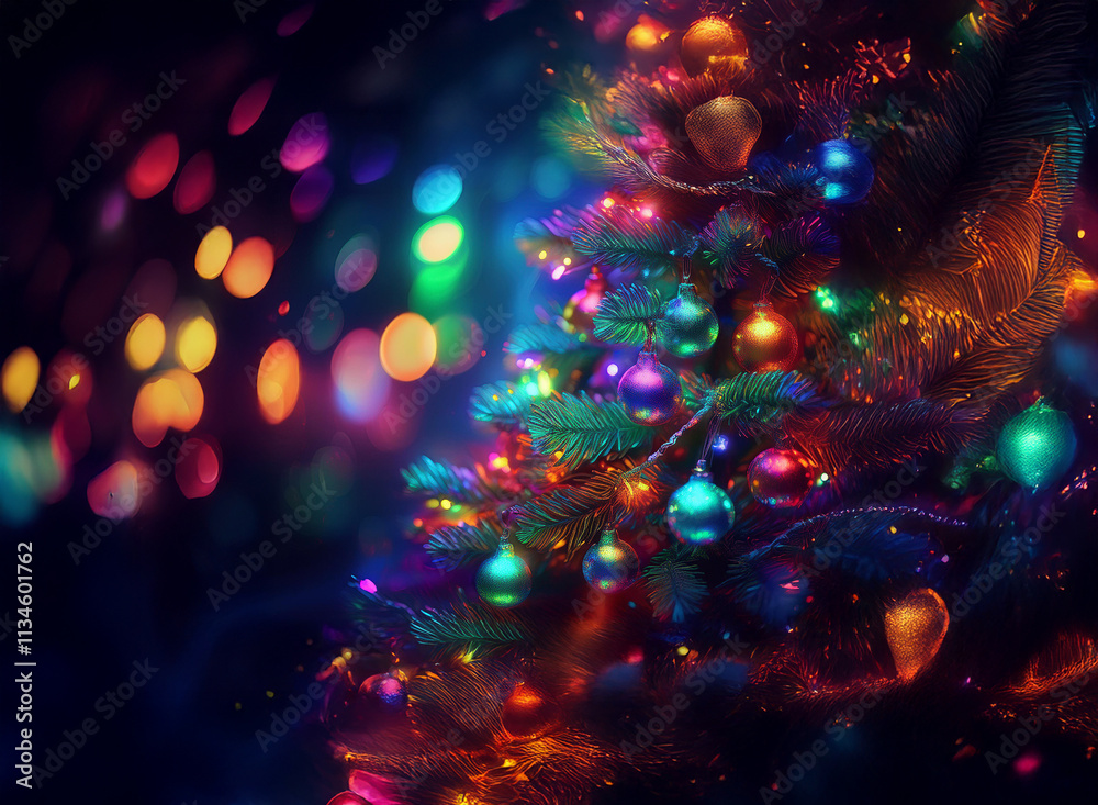 Poster a vibrantly lit christmas tree adorned with colorful ornaments and twinkling lights against a bokeh 