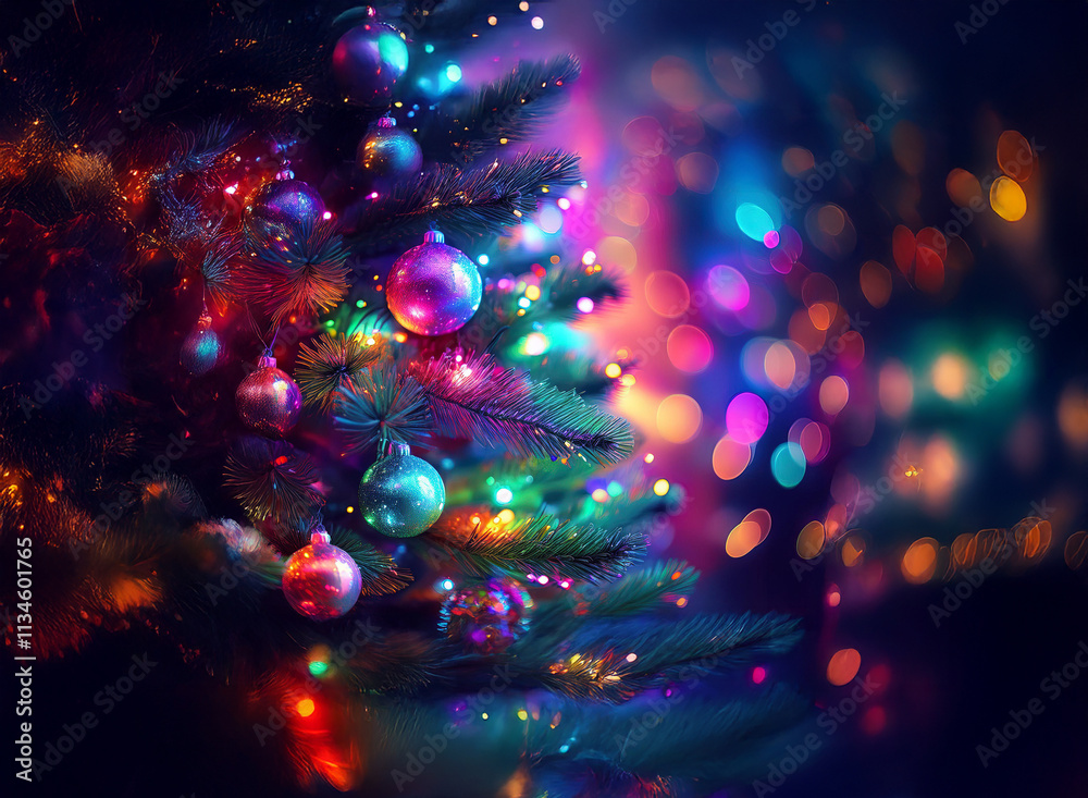 Poster a vibrantly lit christmas tree adorned with colorful ornaments, glowing with a magical, festive ambi