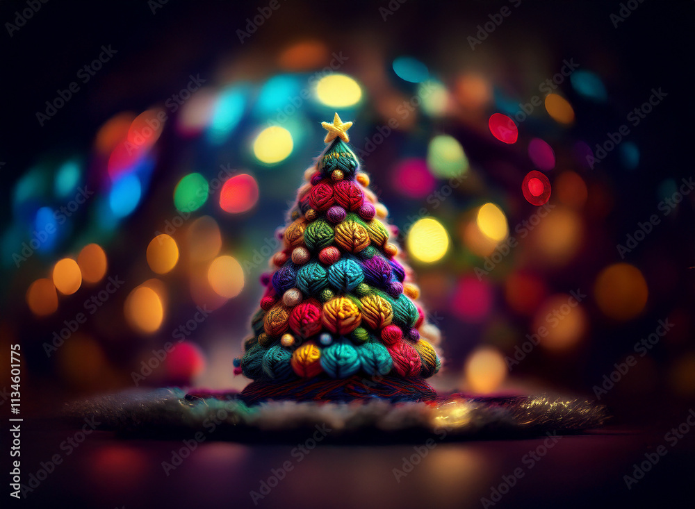 Poster a vibrant, miniature knitted christmas tree sits on a dark surface, adorned with colorful ornaments.