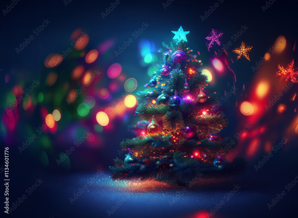 Poster a vibrant christmas tree adorned with colorful ornaments and twinkling lights, set against a bokeh b