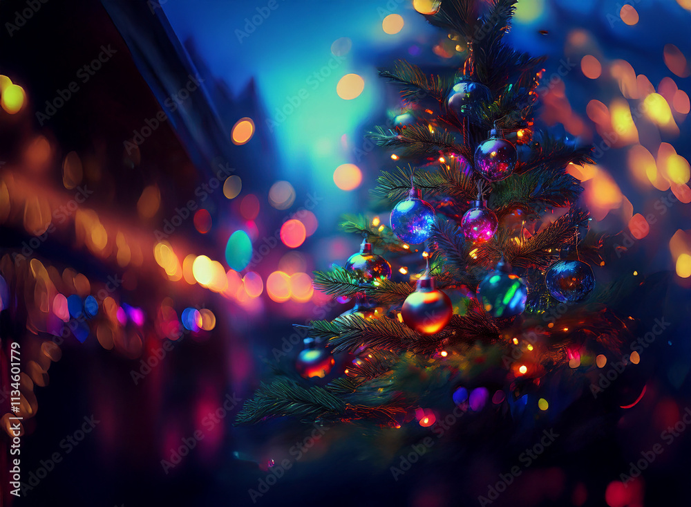 Poster a vibrant christmas tree adorned with colorful ornaments glows brightly against a backdrop of twinkl