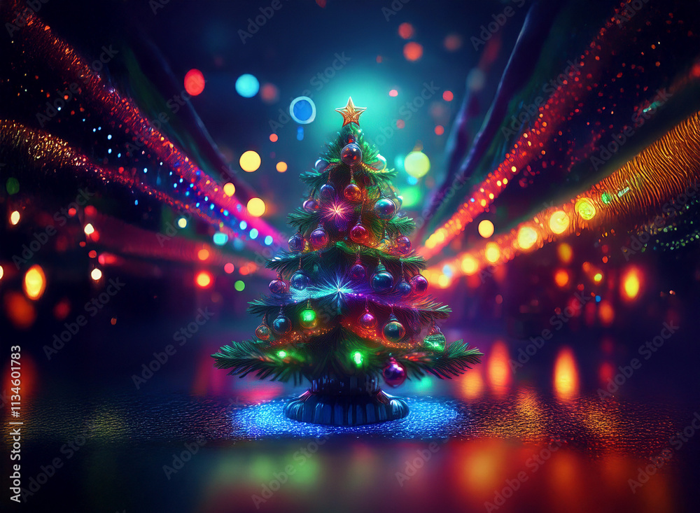 Poster a vibrant, digitally rendered christmas tree sparkles with colorful lights, set against a backdrop o