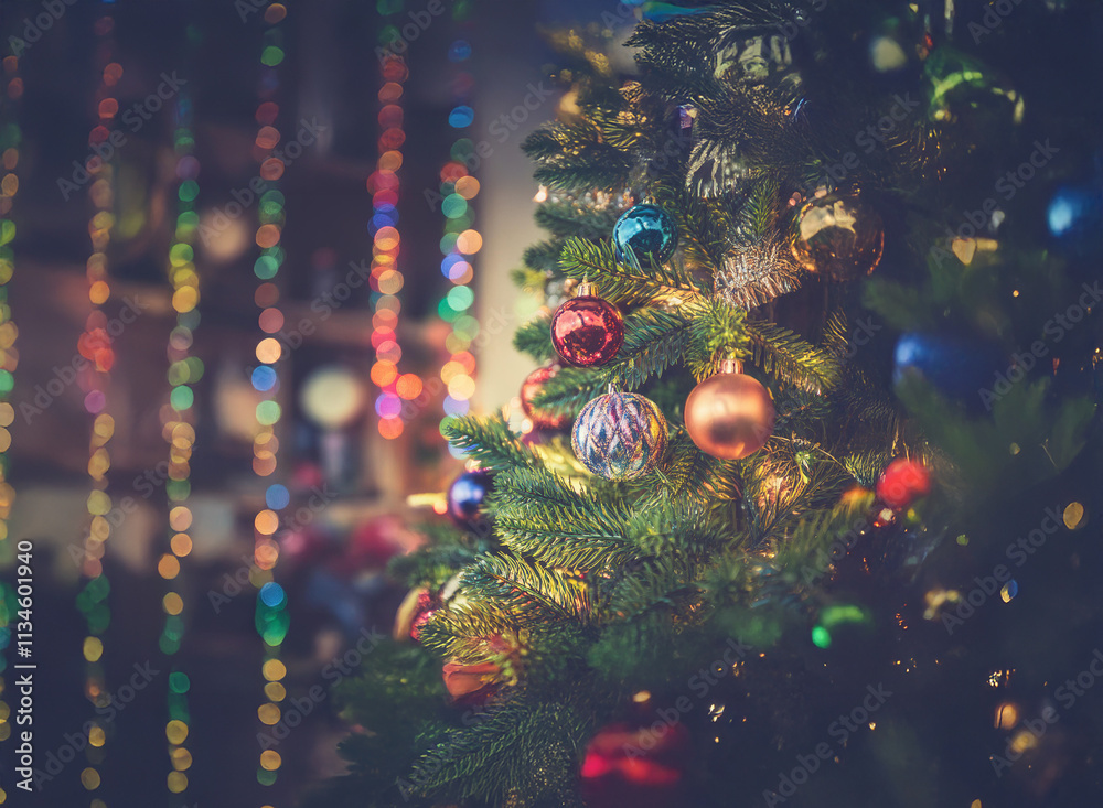 Poster a beautifully decorated christmas tree sparkles with colorful ornaments and lights. a blurred backgr