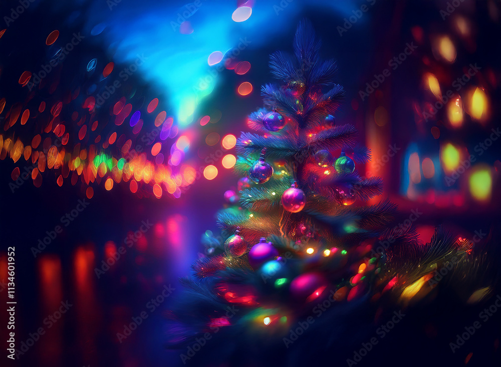 Poster a vibrant, miniature christmas tree glows with colorful lights against a backdrop of blurred, bokeh-