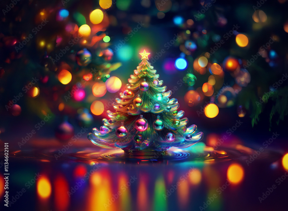 Poster a miniature glass christmas tree glows brightly, adorned with colorful ornaments, reflecting in a sh
