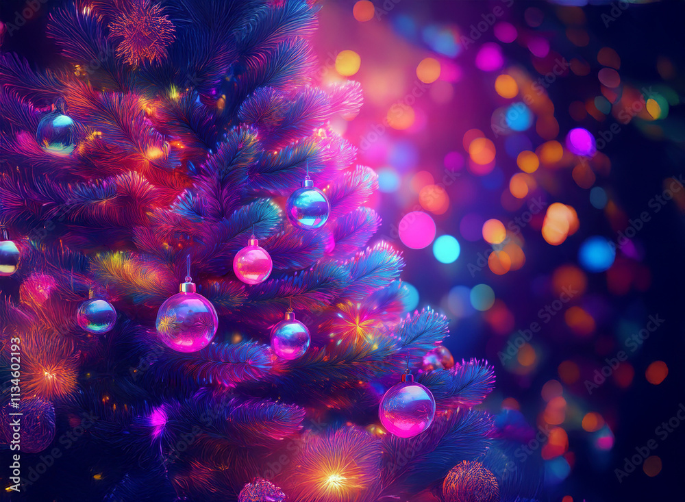 Poster vibrant, neon-lit christmas tree adorned with colorful ornaments. bokeh lights create a magical, fes