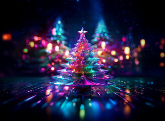 A vibrant, iridescent Christmas tree takes center stage, glowing with multicolored lights against a bokeh background of similarly decorated trees.  The reflective surface amplifies the festive illumin