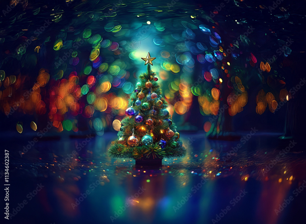 Poster a vibrant christmas tree stands adorned with colorful ornaments, encircled by a magical bokeh of lig