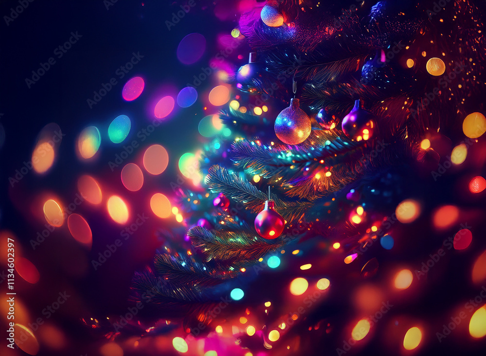 Aufkleber a vibrant christmas tree glows with colorful lights and ornaments, surrounded by a bokeh of sparklin