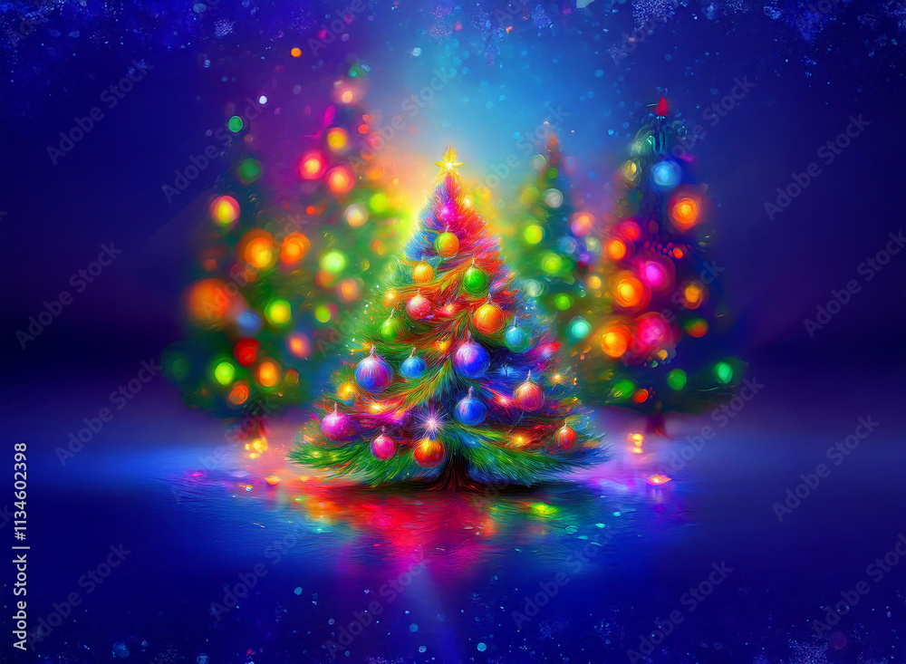 Poster three vibrant christmas trees glow with colorful lights against a dark blue, sparkly background. the
