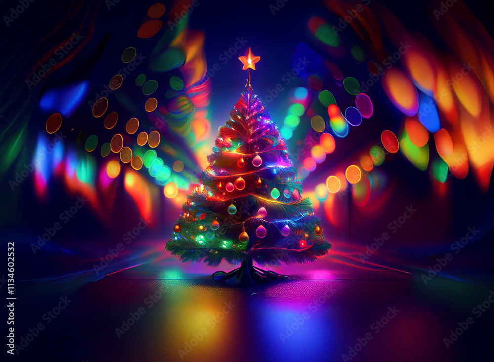 Poster a vibrant christmas tree glows with multicolored lights, encircled by a burst of bokeh effects in a 